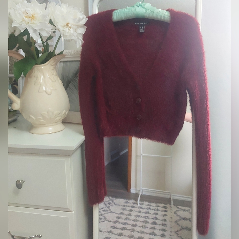 Fluffy marsala color cardigan